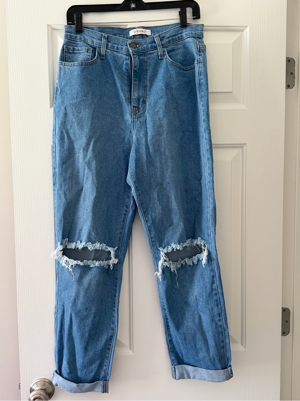 Vibrant Light Blue Distressed Mom Jeans